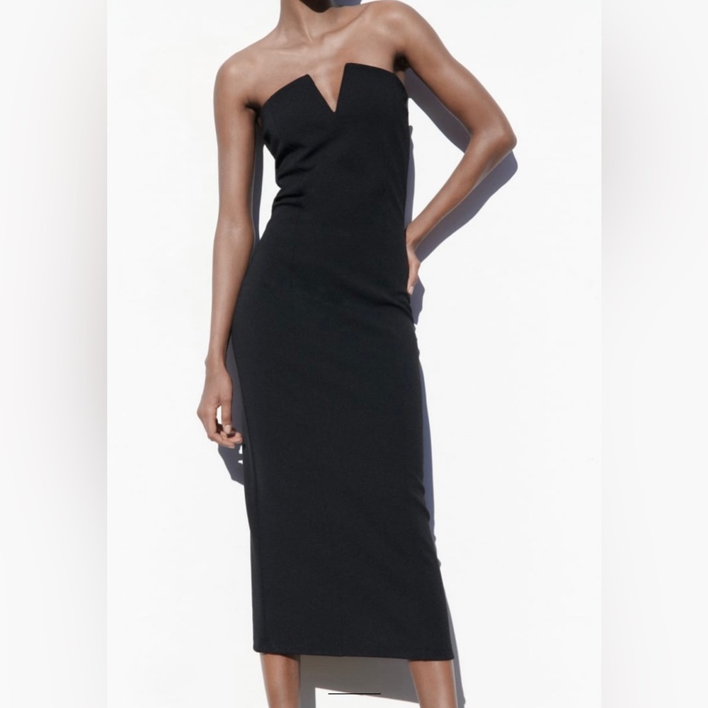 Zara NWT size S V-notched midi dress in black.